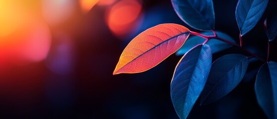 Poster -  A tight shot of a leaf on a branch against a background blurred with soft light