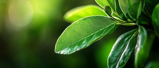 Wall Mural -  A crisp green leaf on a plant against out-of-focus leaves in the background and a foreground with indistinct, soft light