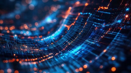 Technology background featuring abstract digital network connections with vibrant blue and orange lights. Perfect for tech themes and innovation concepts.