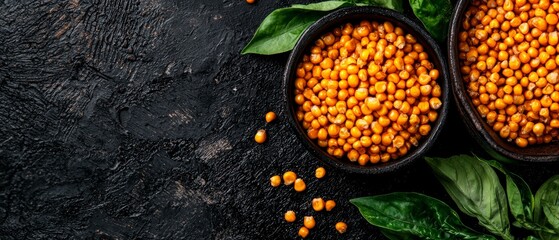 Wall Mural -  A tight shot of two corn bowls against a black background, surrounded by green foliage