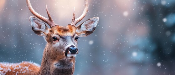 Wall Mural -  A tight shot of a deer adorned with antlers, snow gently descending around it