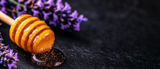 Poster -  A wooden spoon holding honey rests beside a lavender bouquet and a wooden honey dipper on a black table