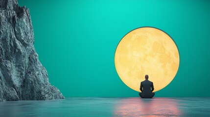 A serene figure meditating in front of a giant moon, reflecting tranquility and introspection in a surreal landscape.