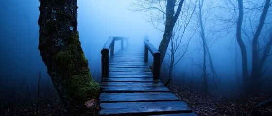 Wall Mural - A wooden walkway weaves through, surrounded by towering trees and a fence in the foreground