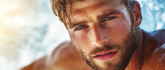 Canvas Print -  A shirtless man with wet hair and blue eyes gazes into the camera, surrounded by water droplets splashing on his face