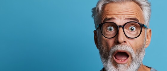 Poster -  A shocked older man in glasses, mouth agape, against a blue backdrop