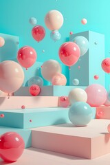 Wall Mural - Lighthearted 3D abstract scene with bouncing balloons AI generated illustration