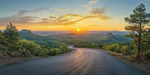 Poster - Sunrise over a mountain landscape and a paved road, offering a wide vista. 