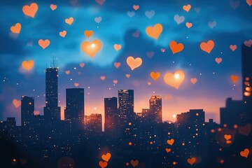 Wall Mural - Chicago skyline at sunset with floating hearts celebrating love and romance