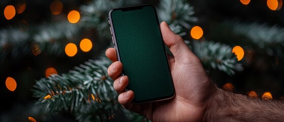 Wall Mural -  A tight shot of an individual gripping a cell phone against a Christmas tree adorned with twinkling lights