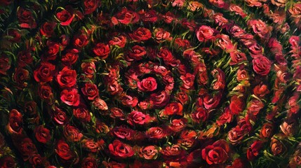 Spiral Rose Garden - A vibrant spiral of blooming red roses, painted with rich textures and deep colors, creating a mesmerizing and romantic floral pattern.