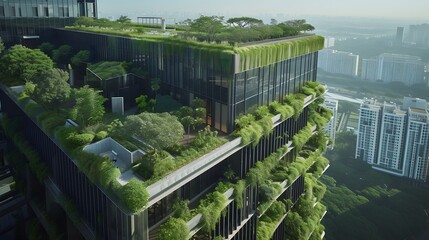 Sticker - Low carbon emission corporate building integrated with multiple rooftop gardens AI generated illustration