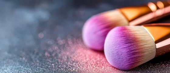 Poster -  Two makeup brushes in tight focus against a reflective surface, adorned with pink and golden glitter at their tips