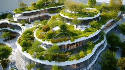 Sticker - Low carbon emission corporate building integrated with multiple rooftop gardens AI generated illustration