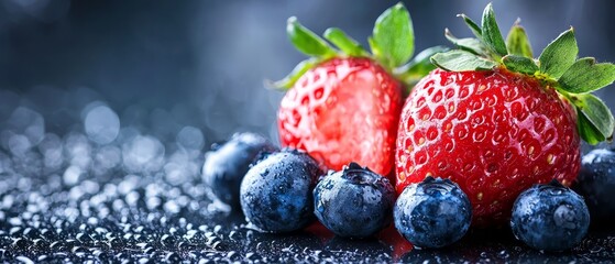  Two strawberries and blueberries, tightly framed in a close-up shot against a black background, feature droplets of water gracefully balancing atop their surfaces