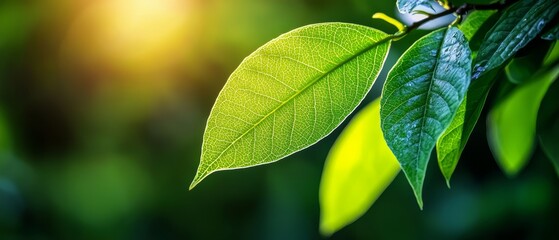  A tight shot of a green leaf on a branch, sun illuminating from behind