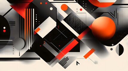 A digital collage of abstract shapes and lines, with bold geometric patterns in black, white, gray, orange, red, and blue creating an edgy atmosphere