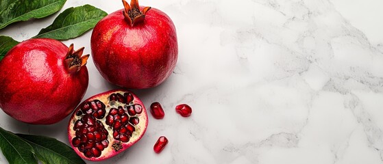 Poster -  Two pomegranates rest atop a pristine white marble countertop, surrounded by vibrant green foliage