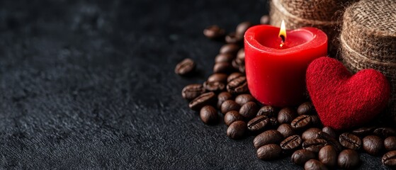 Sticker -  A red candle atop a mound of coffee beans, nearby, a red heart atop another pile