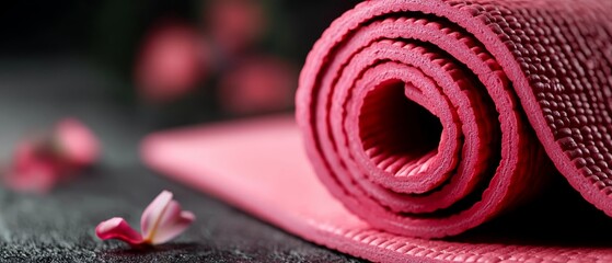 Wall Mural -  A tight shot of a rolled-up yoga mat next to a flower on the floor