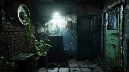 Poster - A dimly lit, abandoned room with overgrown plants and peeling walls.