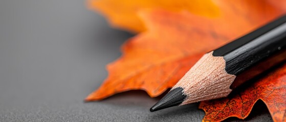 Wall Mural -  A pencil atop a single orange-yellow leaf, against a gray surface; background comprised of numerous orange and yellow autumn leaves