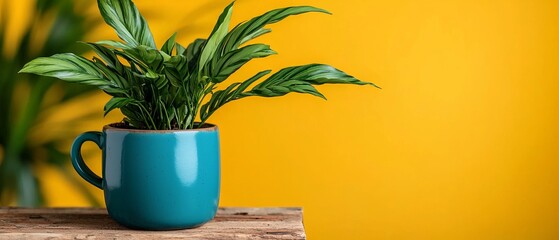 Poster -  A potted plant atop a wooden table Nearby, another green plant on a separate wooden table