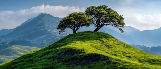  A hill covered in grass, dotted with two trees at its summit, and a mountain with cloud-filled sky behind it