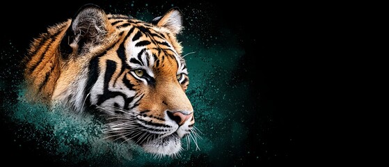 Wall Mural -  A tight shot of a tiger's face, wet from splashing water at its side