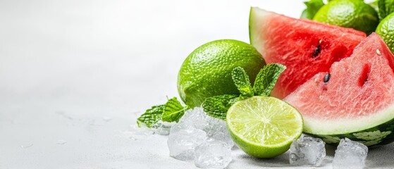 Poster -  A watermelon, limes, and mint leaves are artfully arranged on top of ice cubes against a pristine white surface