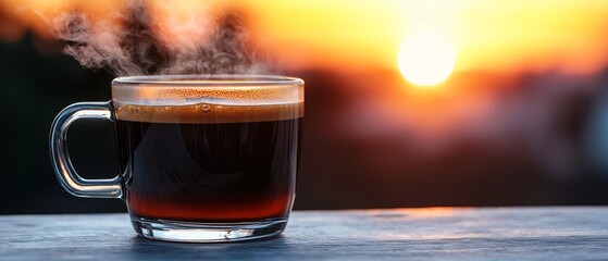 Poster -  A cup of coffee with rising steam on a weathered table, sunset backdrop