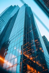 Wall Mural - Macro shot of a glass skyscraper reflecting the citys hustle and bustle AI generated illustration