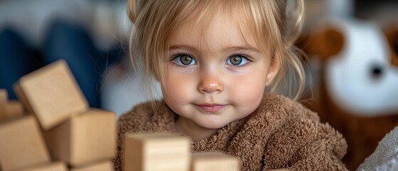 Poster -  A tight shot of a child next to a mound of wooden blocks Teddy bear adorns wall behind