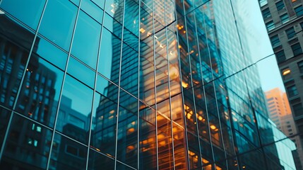 Poster - Macro shot of a glass skyscraper reflecting the citys hustle and bustle AI generated illustration