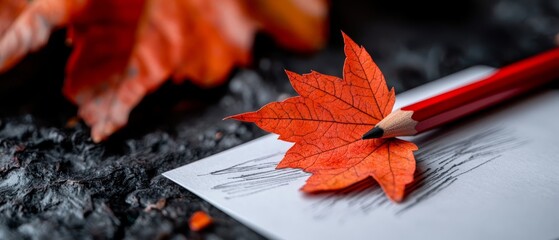 Wall Mural -  A pencil atop a sheet of paper, adjacent to a red leaf resting on another separate sheet