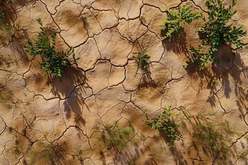 Wall Mural - Dry  cracked soil during hot summer drought. Green plants visible.