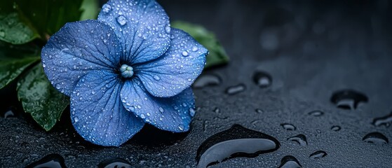 Wall Mural -  A blue flower atop a rain-dotted table, near a green plant with leafy foliage