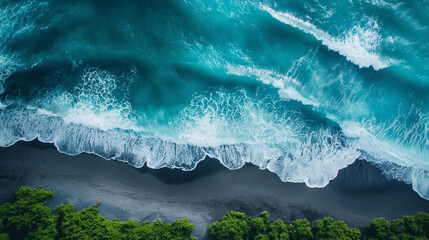 Wall Mural - Bird's eye view of black sand beach and surf in Hawaii