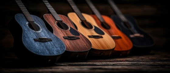 Sticker -  A line of guitars arranged horizontally atop a wooden table against a black backdrop