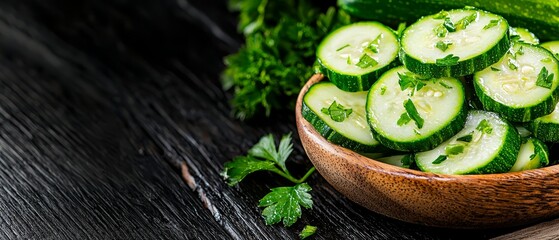 Sticker -  A wooden table holds a bowl filled with cucumbers Nearby, a bunch of parsley rests on the table