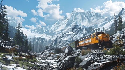 Poster - A vibrant train traveling through a snowy mountain landscape under a bright sky.