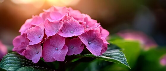 Wall Mural -  A tight shot of a pink bloom against a backdrop of vibrant light, featuring green foliage in the foreground