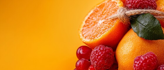 Poster -  A mound of oranges and raspberries, topped with a lone green leaf, against a yellow backdrop