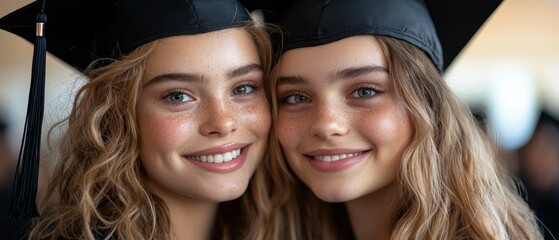 Wall Mural -  Two women stand before a throng of cap-and-gown-clad individuals