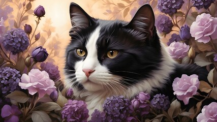 Wall Mural - As the sun sets, a curious black and white cat wanders through a garden of painted purple brunia flowers, its sleek fur reflecting the soft light and its inquisitive gaze drawn to the intricate detail