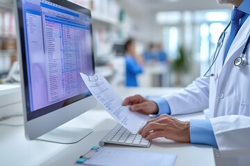 Doctor using computer Document Management System (DMS), online documentation database process automation to efficiently manage files