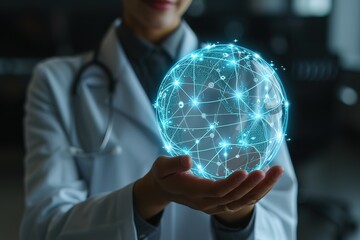 Doctor with virtual globe healthcare network connection concept Science and medical innovation technology future sustainable smart services and solutions in global research networks