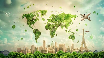 Poster - A vibrant world map made of greenery over a city skyline, symbolizing environmental awareness.