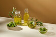 © Tuan  Nguyen  - Creative photo with diagonal angle for advertising organic product. Fresh olives and olive oil decorated on glass flasks on brown background. Olive oil may offer several health benefits