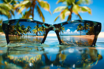 A pair of sunglasses sitting on top of a beach next to a body of water